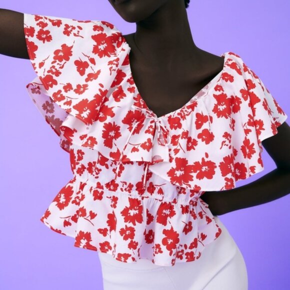 Zara White Red Floral Print Peplum Crop Top - Picture 2 of 5